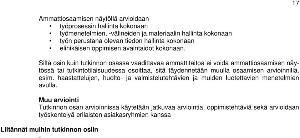 Siltä osin kuin tutkinnon osassa vaadittavaa ammattitaitoa ei voida ammattiosaamisen näytössä tai tutkintotilaisuudessa osoittaa, sitä täydennetään muulla osaamisen