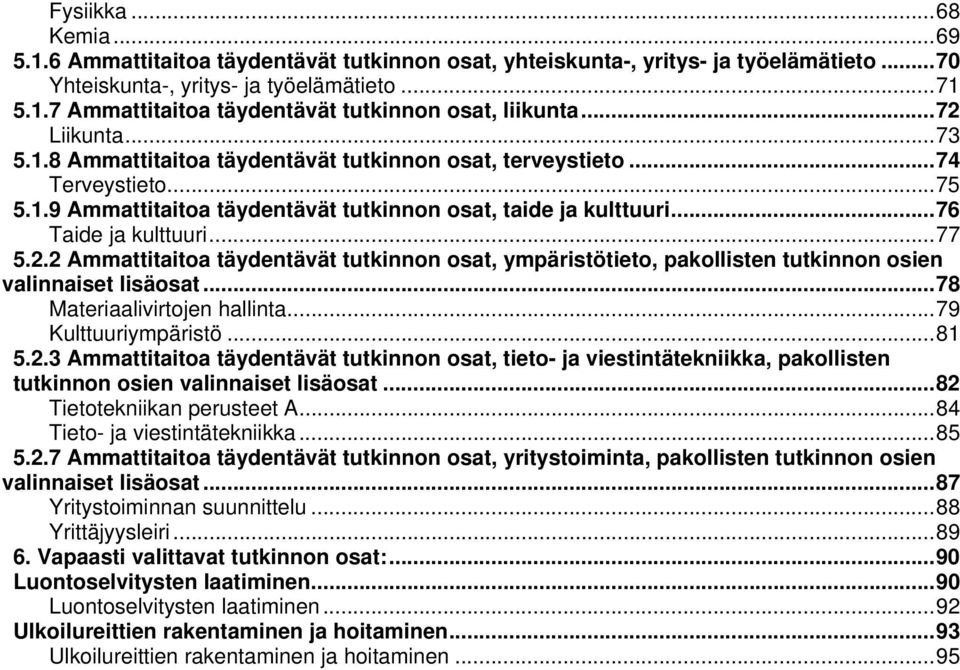 .. 77 5.2.2 Ammattitaitoa täydentävät tutkinnon osat, ympäristötieto, pakollisten tutkinnon osien valinnaiset lisäosat... 78 Materiaalivirtojen hallinta... 79 Kulttuuriympäristö... 81 5.2.3 Ammattitaitoa täydentävät tutkinnon osat, tieto- ja viestintätekniikka, pakollisten tutkinnon osien valinnaiset lisäosat.