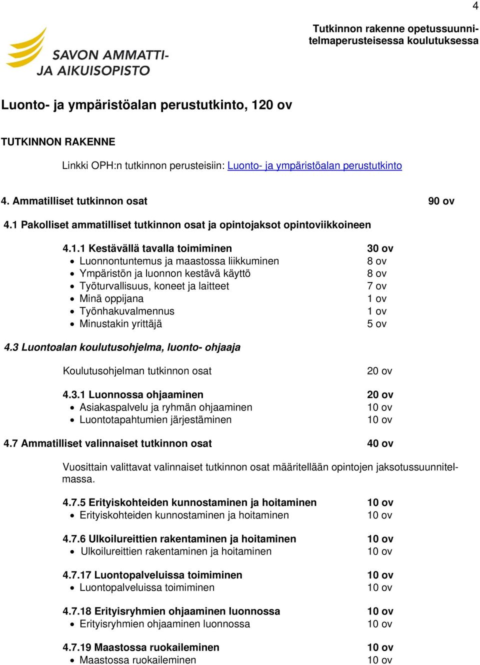 Pakolliset ammatilliset tutkinnon osat ja opintojaksot opintoviikkoineen 4.1.