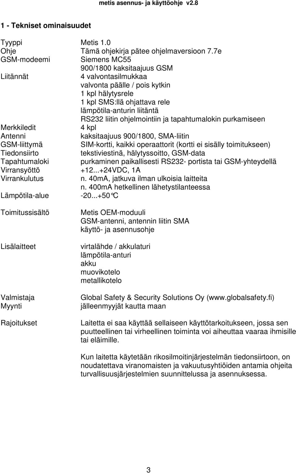 liitin ohjelmointiin ja tapahtumalokin purkamiseen Merkkiledit 4 kpl Antenni kaksitaajuus 900/1800, SMA-liitin GSM-liittymä SIM-kortti, kaikki operaattorit (kortti ei sisälly toimitukseen)