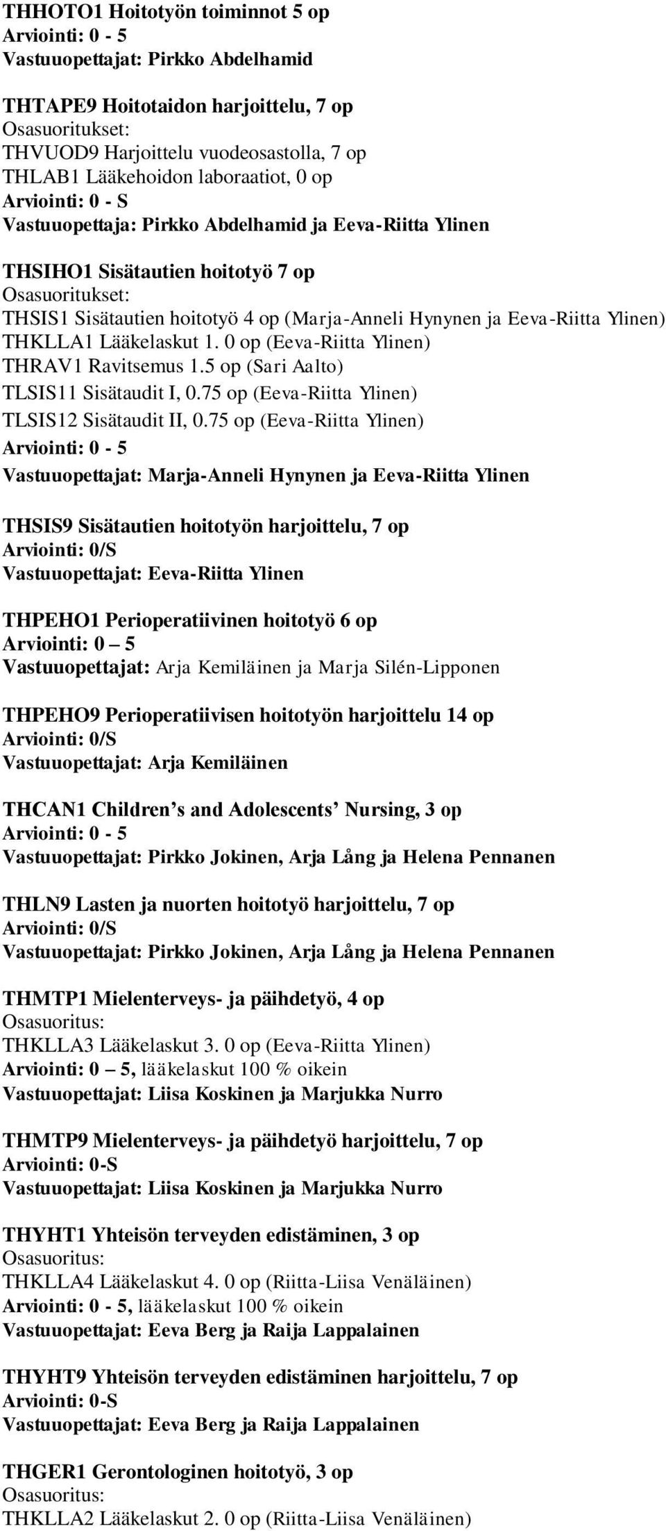 0 op (Eeva-Riitta Ylinen) THRAV1 Ravitsemus 1.5 op (Sari Aalto) TLSIS11 Sisätaudit I, 0.75 op (Eeva-Riitta Ylinen) TLSIS12 Sisätaudit II, 0.