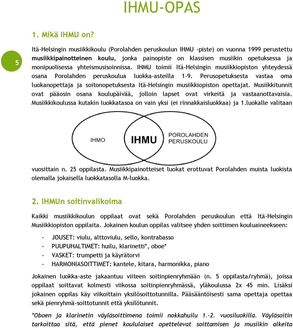 yhteismusisoinnissa. IHMU toimii Itä-Helsingin musiikkiopiston yhteydessä osana Porolahden peruskoulua luokka-asteilla 1-9.