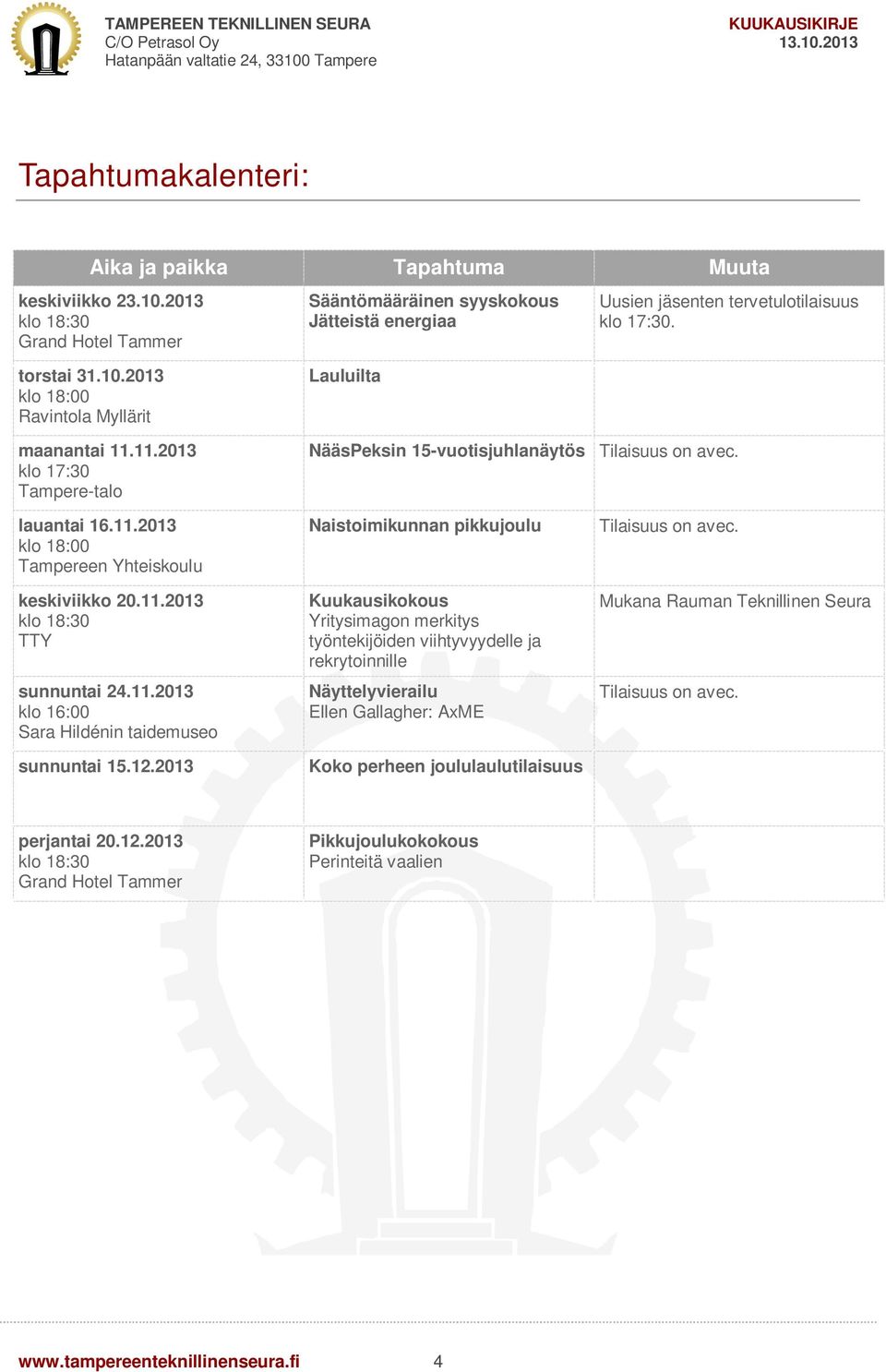 12.2013 Naistoimikunnan pikkujoulu Kuukausikokous Yritysimagon merkitys työntekijöiden viihtyvyydelle ja rekrytoinnille Näyttelyvierailu Ellen Gallagher: AxME Koko perheen joululaulutilaisuus