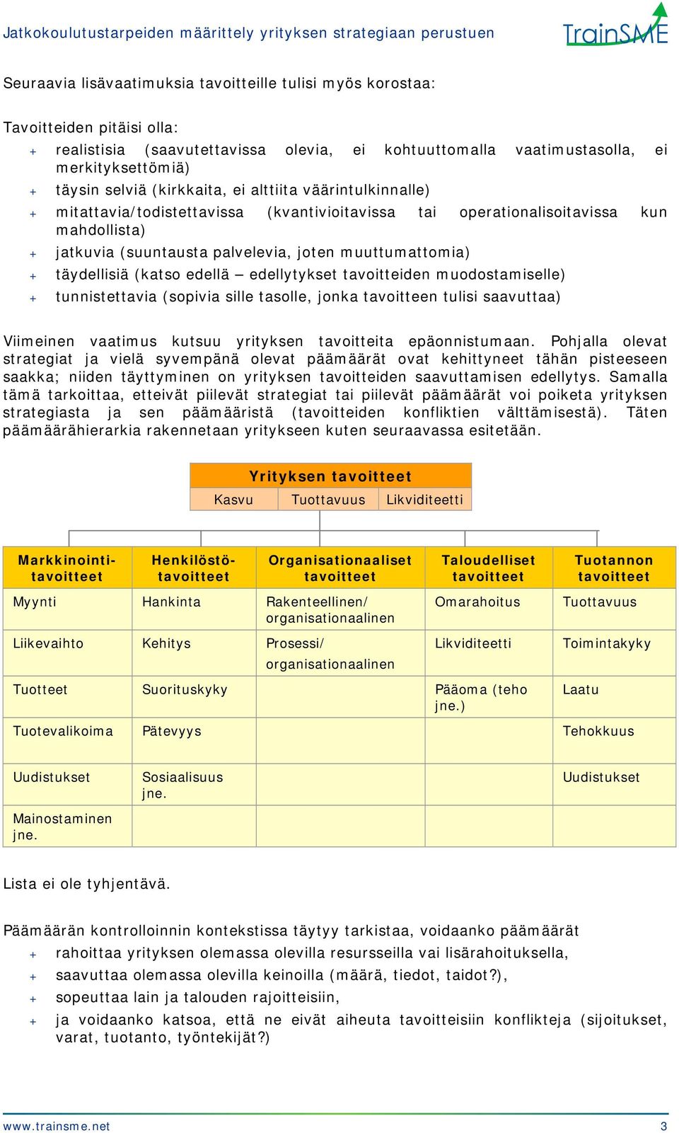 täydellisiä (katso edellä edellytykset tavoitteiden muodostamiselle) + tunnistettavia (sopivia sille tasolle, jonka tavoitteen tulisi saavuttaa) Viimeinen vaatimus kutsuu yrityksen tavoitteita