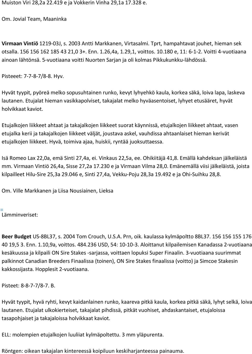 Pisteeet: 7 7 8 7/8 8. Hyv. Hyvät tyypit, pyöreä melko sopusuhtainen runko, kevyt lyhyehkö kaula, korkea säkä, loiva lapa, laskeva lautanen.