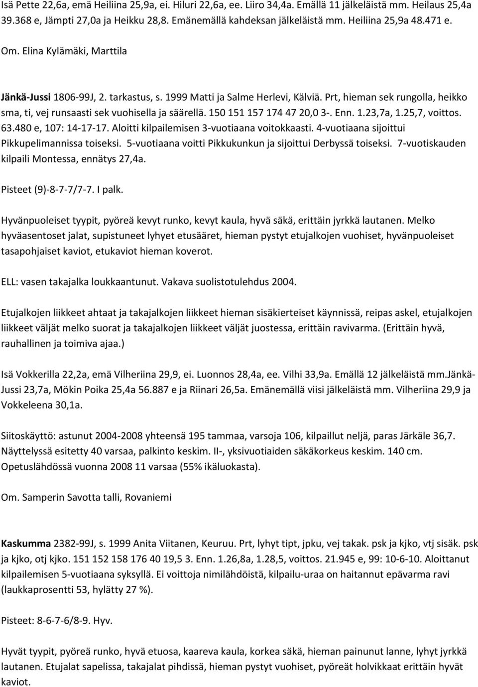 Prt, hieman sek rungolla, heikko sma, ti, vej runsaasti sek vuohisella ja säärellä. 150 151 157 174 47 20,0 3. Enn. 1.23,7a, 1.25,7, voittos. 63.480 e, 107: 14 17 17.