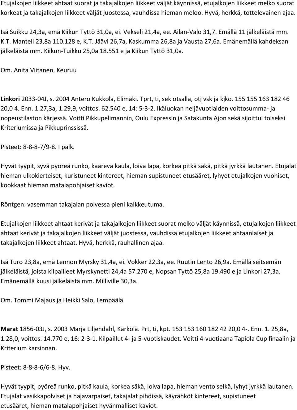 Emänemällä kahdeksan jälkeläistä mm. Kiikun Tuikku 25,0a 18.551 e ja Kiikun Tyttö 31,0a. Om. Anita Viitanen, Keuruu Linkori 2033 04J, s. 2004 Antero Kukkola, Elimäki.