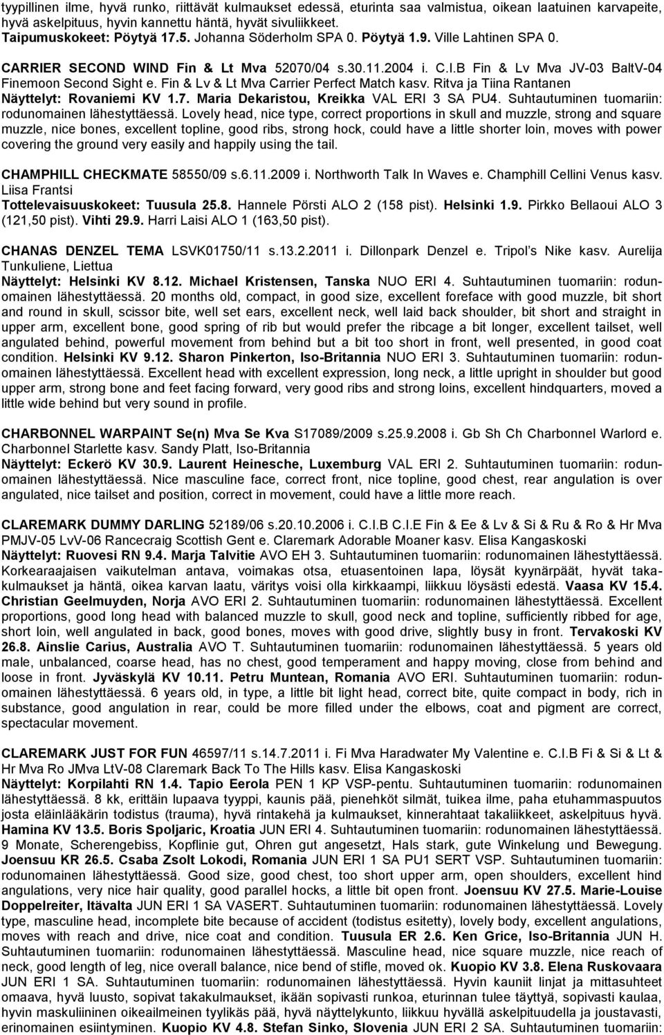 Fin & Lv & Lt Mva Carrier Perfect Match kasv. Ritva ja Tiina Rantanen Näyttelyt: Rovaniemi KV 1.7. Maria Dekaristou, Kreikka VAL ERI 3 SA PU4. Suhtautuminen tuomariin: rodunomainen lähestyttäessä.