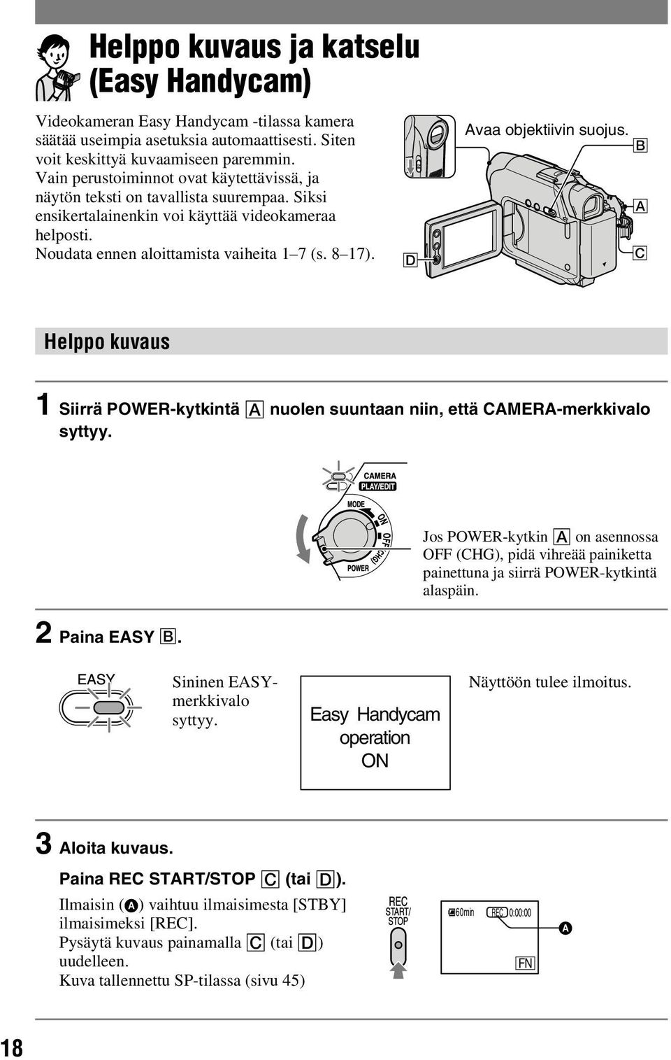 D Avaa objektiivin suojus. B A C Helppo kuvaus 1 Siirrä POWER-kytkintä nuolen suuntaan niin, että CAMERA-merkkivalo syttyy.