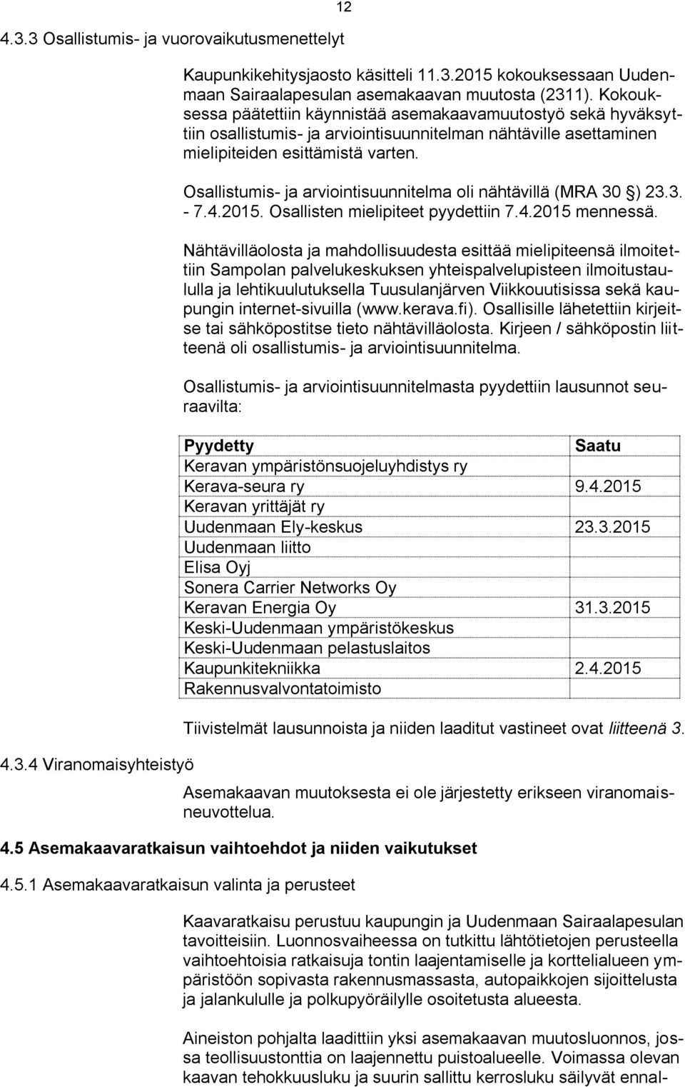 Osallistumis- ja arviointisuunnitelma oli nähtävillä (MRA 30 ) 23.3. - 7.4.2015. Osallisten mielipiteet pyydettiin 7.4.2015 mennessä.