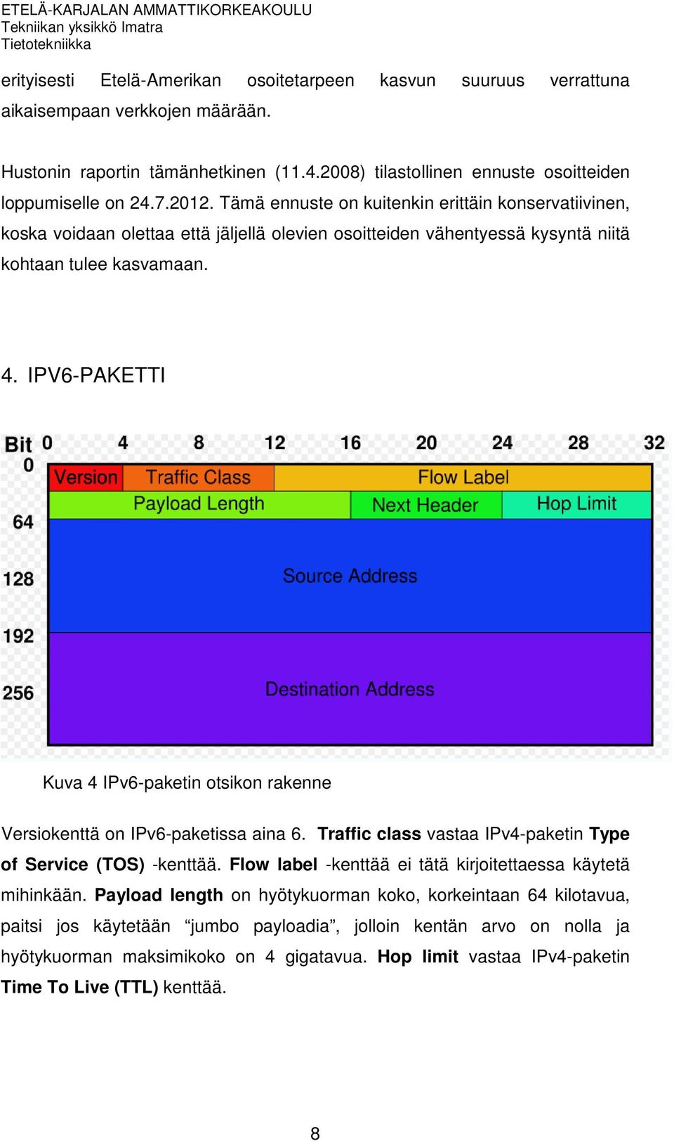 IPV6-PAKETTI Kuva 4 IPv6-paketin otsikon rakenne Versiokenttä on IPv6-paketissa aina 6. Traffic class vastaa IPv4-paketin Type of Service (TOS) -kenttää.