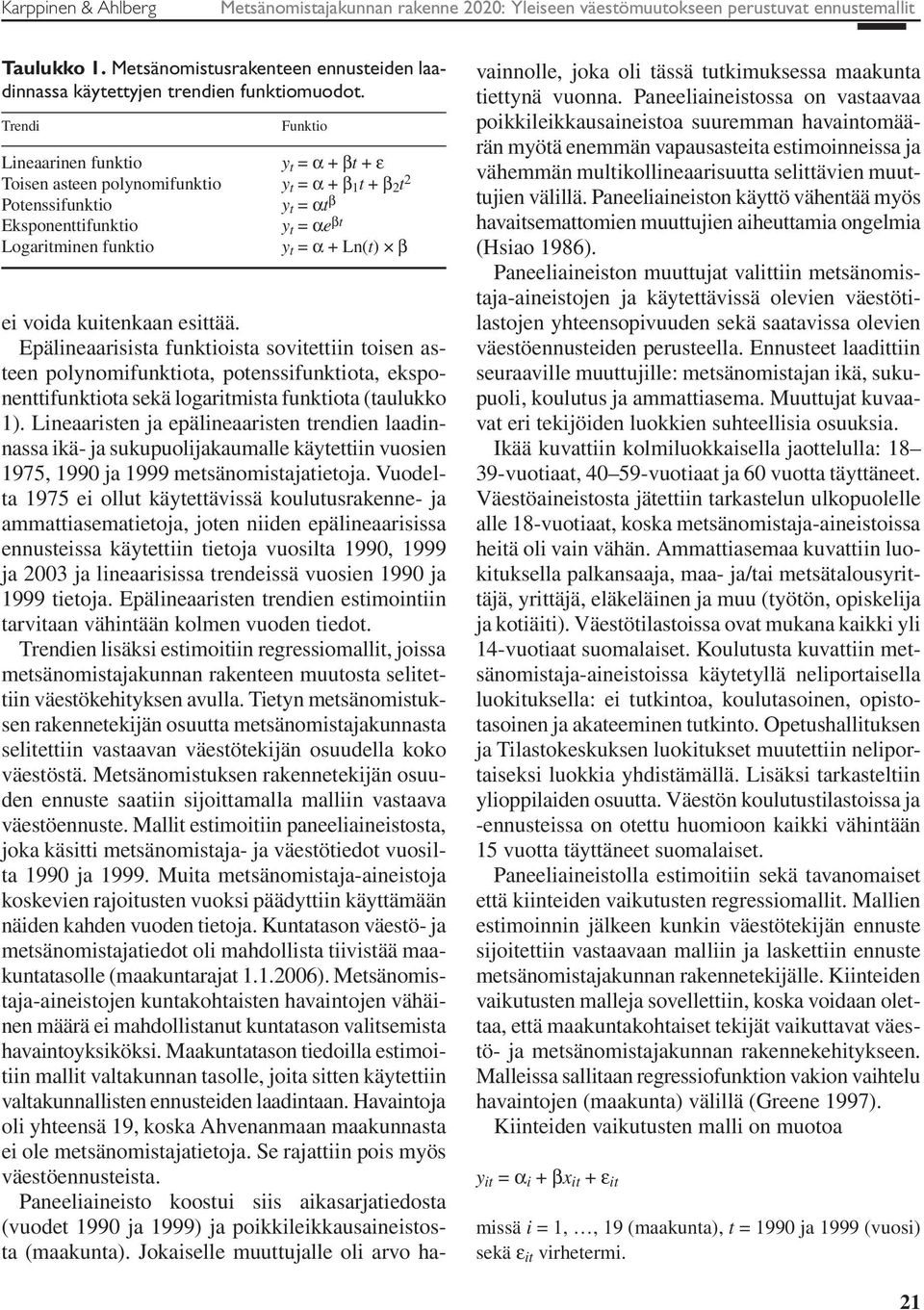 Ln(t) β ei voida kuitenkaan esittää. Epälineaarisista funktioista sovitettiin toisen asteen polynomifunktiota, potenssifunktiota, eksponenttifunktiota sekä logaritmista funktiota (taulukko 1).