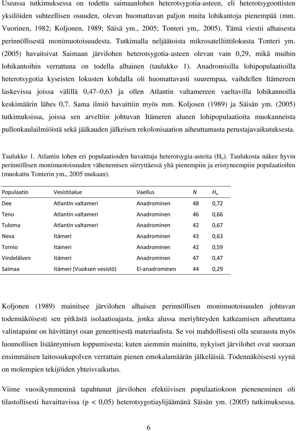 (2005) havaitsivat Saimaan järvilohen heterotsygotia-asteen olevan vain 0,29, mikä muihin lohikantoihin verrattuna on todella alhainen (taulukko 1).