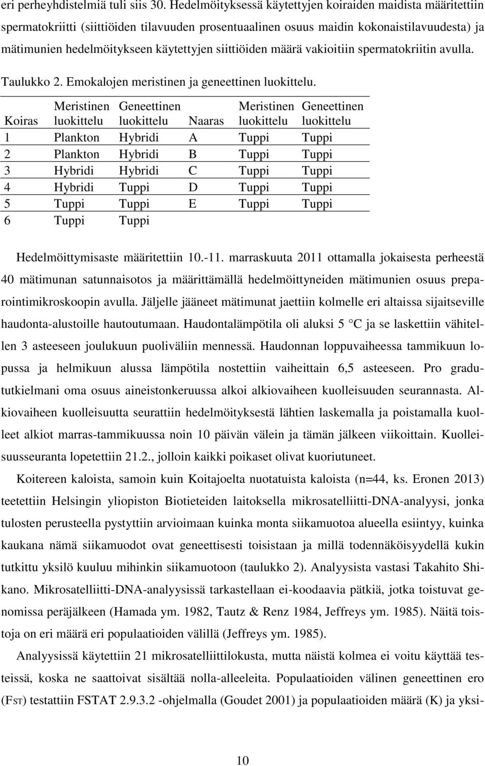 siittiöiden määrä vakioitiin spermatokriitin avulla. Taulukko 2. Emokalojen meristinen ja geneettinen luokittelu.