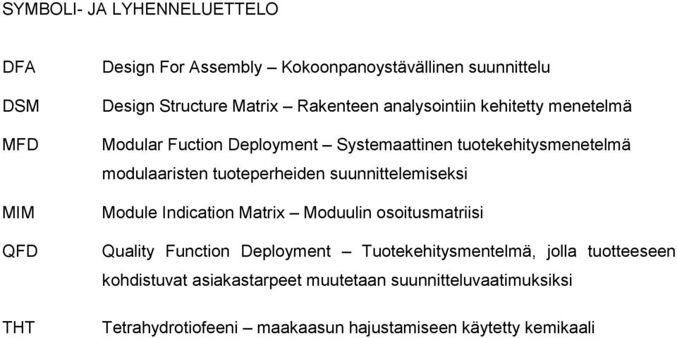 tuoteperheiden suunnittelemiseksi Module Indication Matrix Moduulin osoitusmatriisi Quality Function Deployment