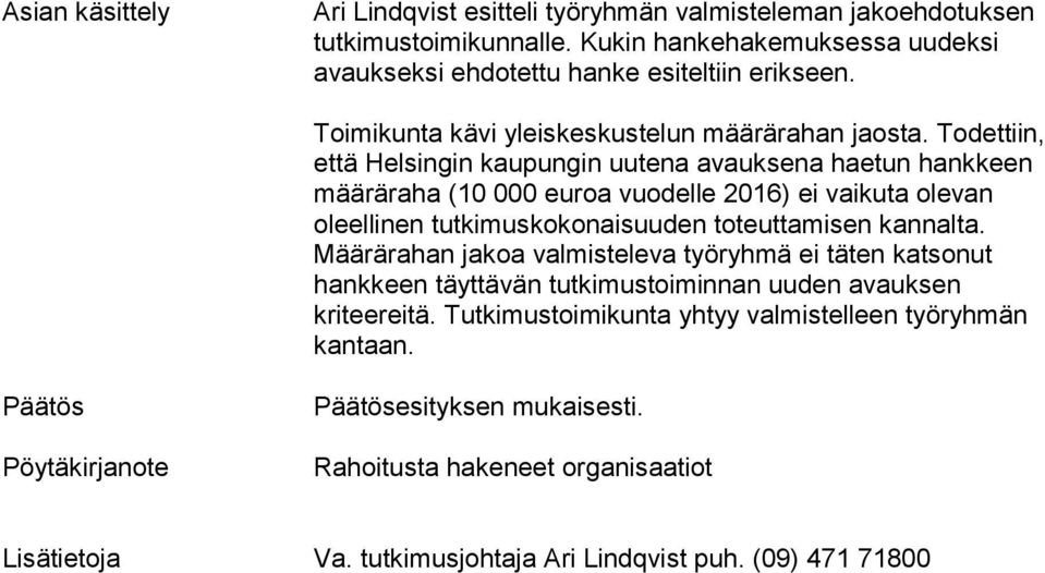 Todettiin, että Helsingin kaupungin uutena avauksena haetun hankkeen määräraha (10 000 euroa vuodelle 2016) ei vaikuta olevan oleellinen tutkimuskokonaisuuden toteuttamisen kannalta.