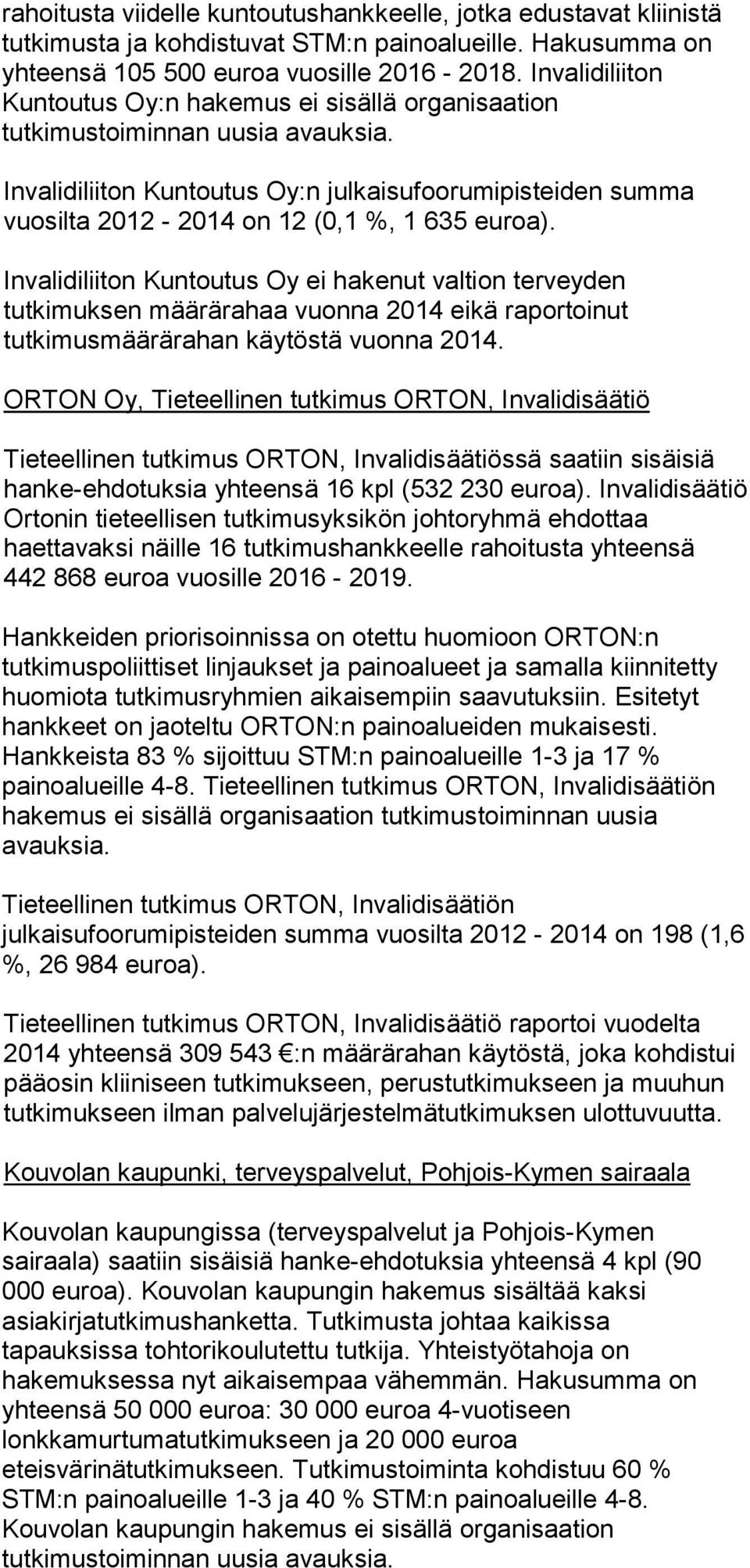 Invalidiliiton Kuntoutus Oy:n julkaisufoorumipisteiden summa vuosilta 2012-2014 on 12 (0,1 %, 1 635 euroa).