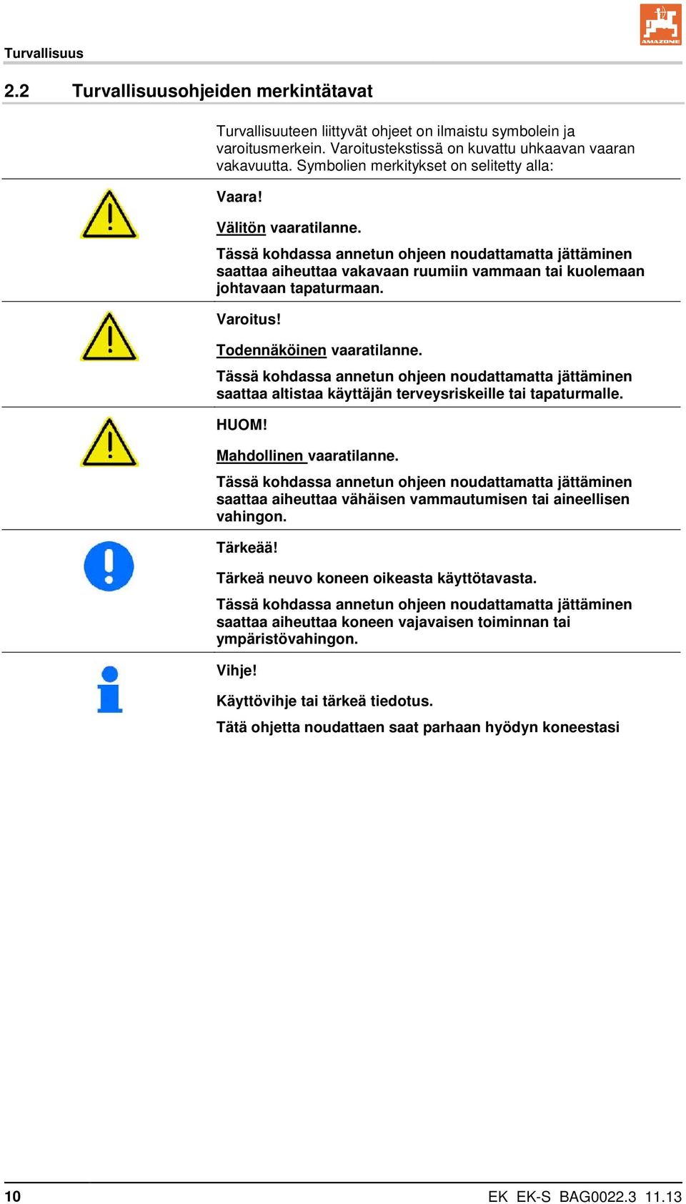 Tässä kohdassa annetun ohjeen noudattamatta jättäminen saattaa aiheuttaa vakavaan ruumiin vammaan tai kuolemaan johtavaan tapaturmaan. Varoitus! Todennäköinen vaaratilanne.