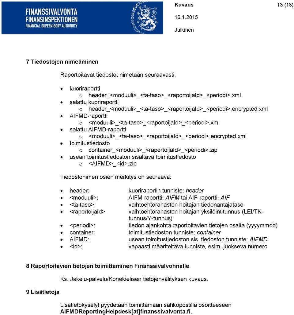 xml salattu AIFMD-raportti o <moduuli>_<ta-taso>_<raportoijaid>_<periodi>.encrypted.xml toimitustiedosto o container_<moduuli>_<raportoijaid>_<periodi>.