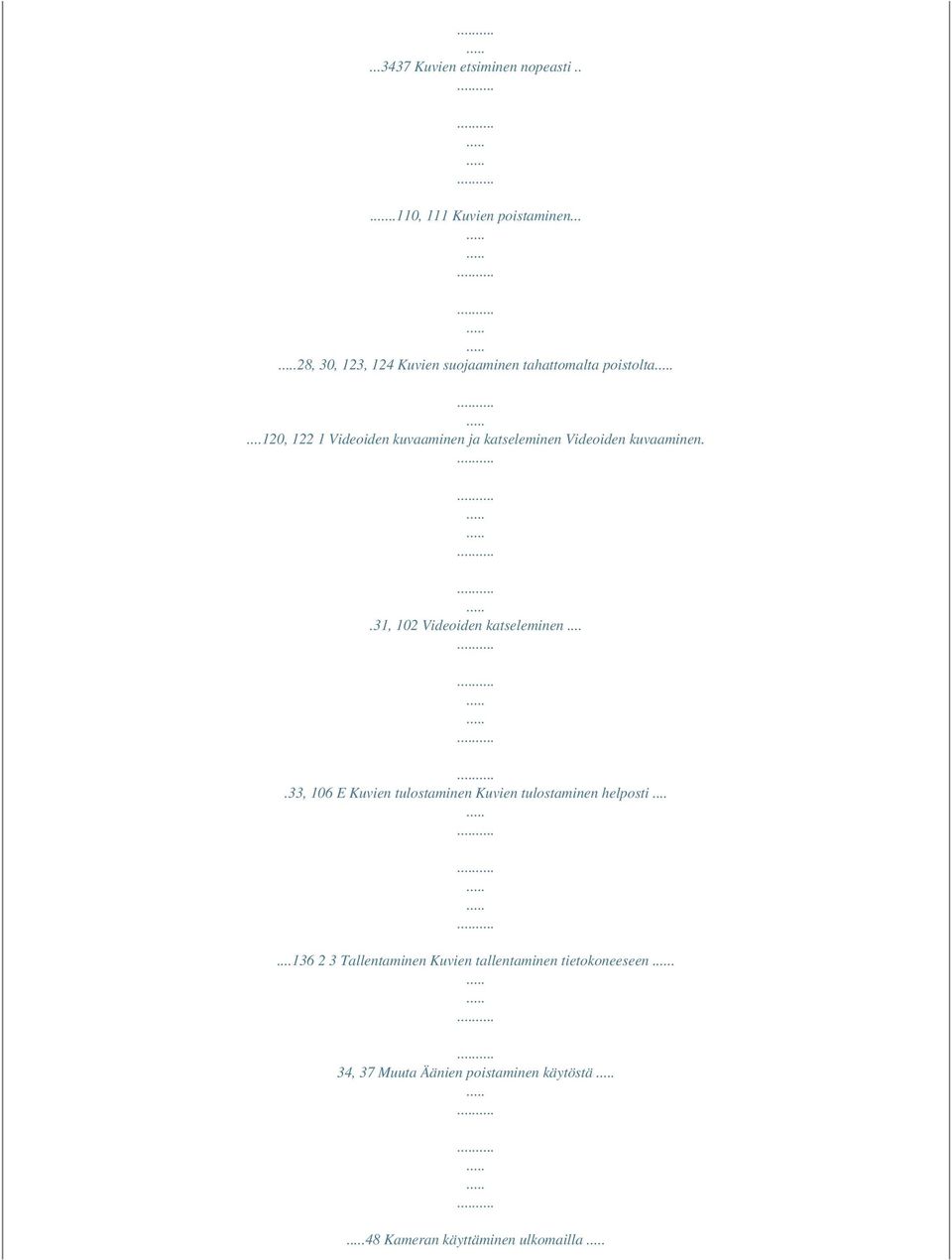 ..120, 122 1 Videoiden kuvaaminen ja katseleminen Videoiden kuvaaminen..31, 102 Videoiden katseleminen.