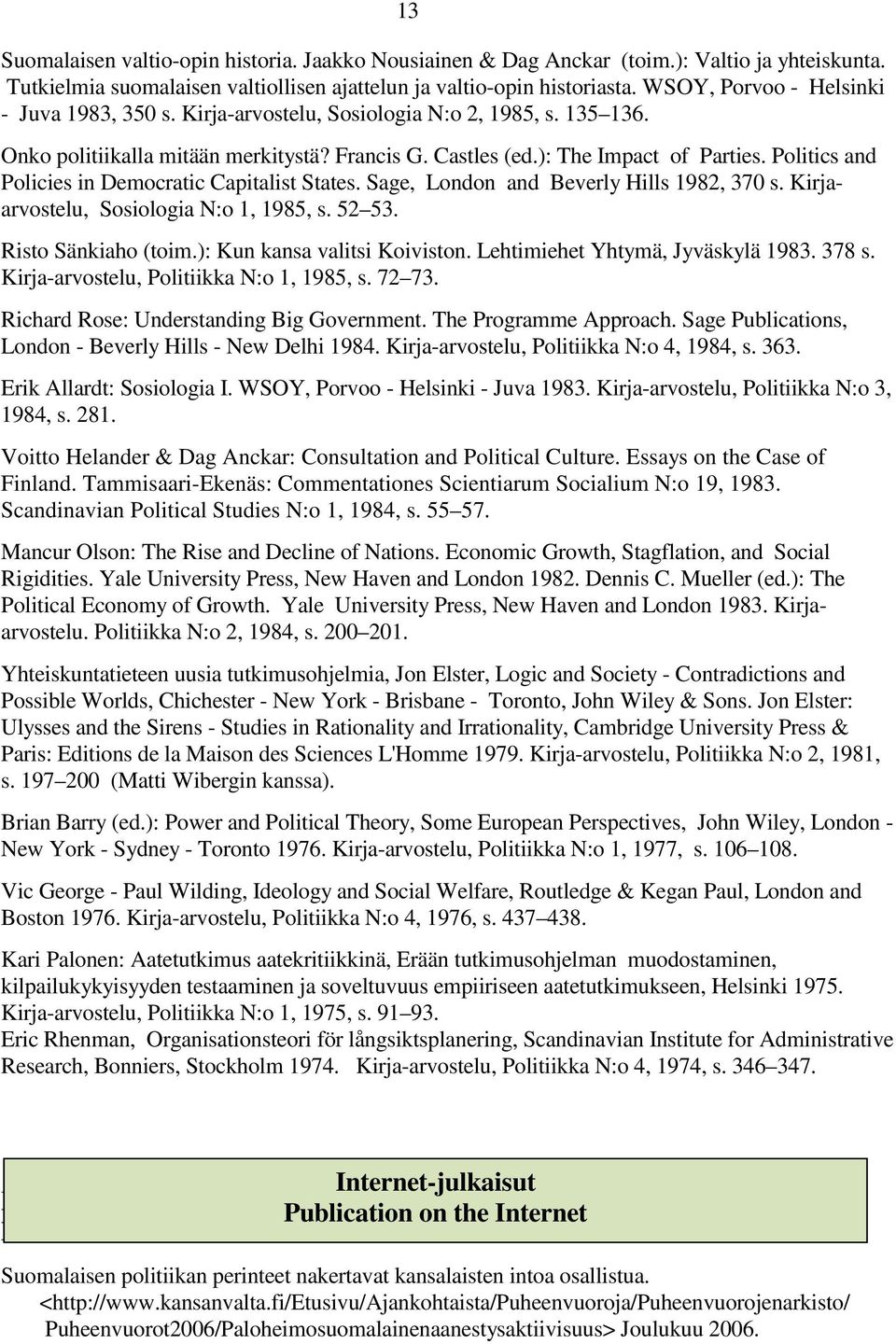 Politics and Policies in Democratic Capitalist States. Sage, London and Beverly Hills 1982, 370 s. Kirjaarvostelu, Sosiologia N:o 1, 1985, s. 52 53. Risto Sänkiaho (toim.