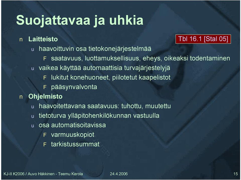 todentaminen u vaikea käyttää automaattisia turvajärjestelyjä F lukitut konehuoneet, piilotetut kaapelistot