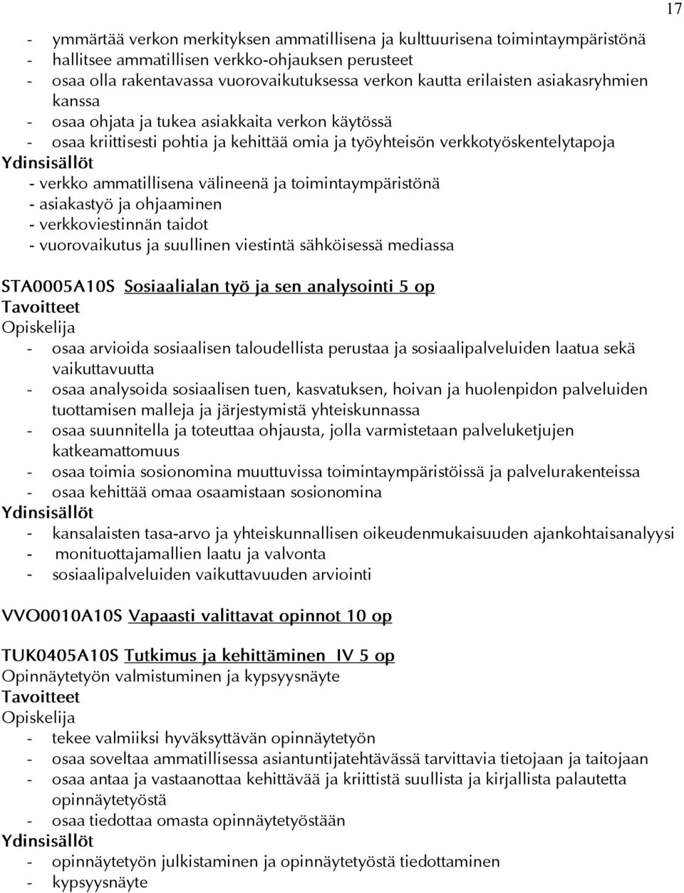 ja toimintaympäristönä - asiakastyö ja ohjaaminen - verkkoviestinnän taidot - vuorovaikutus ja suullinen viestintä sähköisessä mediassa 17 STA0005A10S Sosiaalialan työ ja sen analysointi 5 op - osaa
