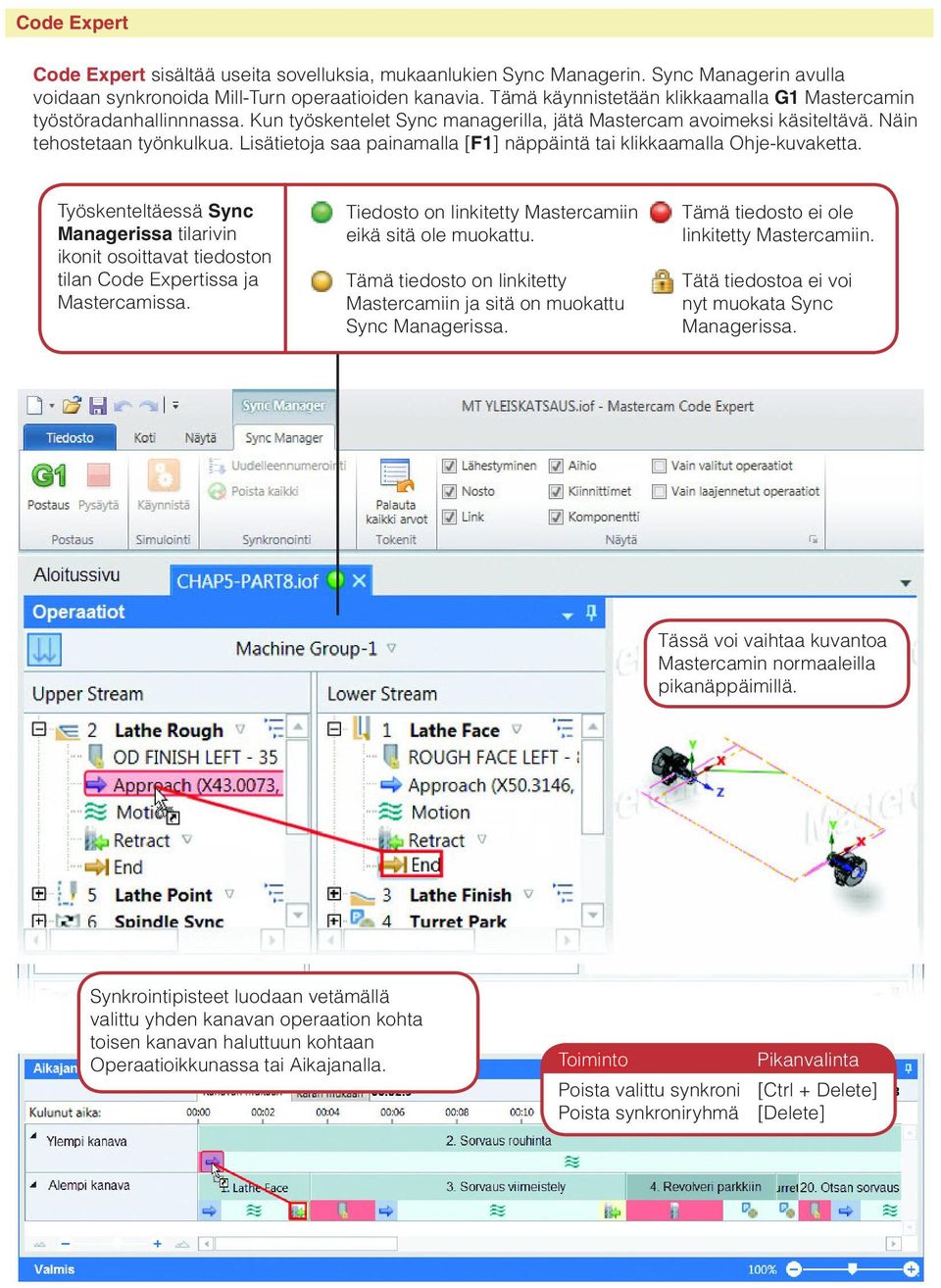 Lisätietoja saa painamalla [F] näppäintä tai klikkaamalla Ohje-kuvaketta. Työskenteltäessä Sync Managerissa tilarivin ikonit osoittavat tiedoston tilan Code Expertissa ja Mastercamissa.