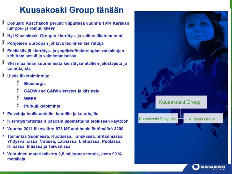 liiketoimintoja: Bioenergia C&DW and C&IW kierrätys ja käsittely WEEE Purkuliiketoiminta Palveluja teollisuudelle, kunnille ja kuluttajille Kierrätysmateriaalit pääosin jalostettuina teolliseen