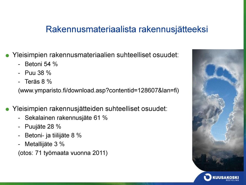 contentid=128607&lan=fi) Yleisimpien rakennusjätteiden suhteelliset osuudet: - Sekalainen