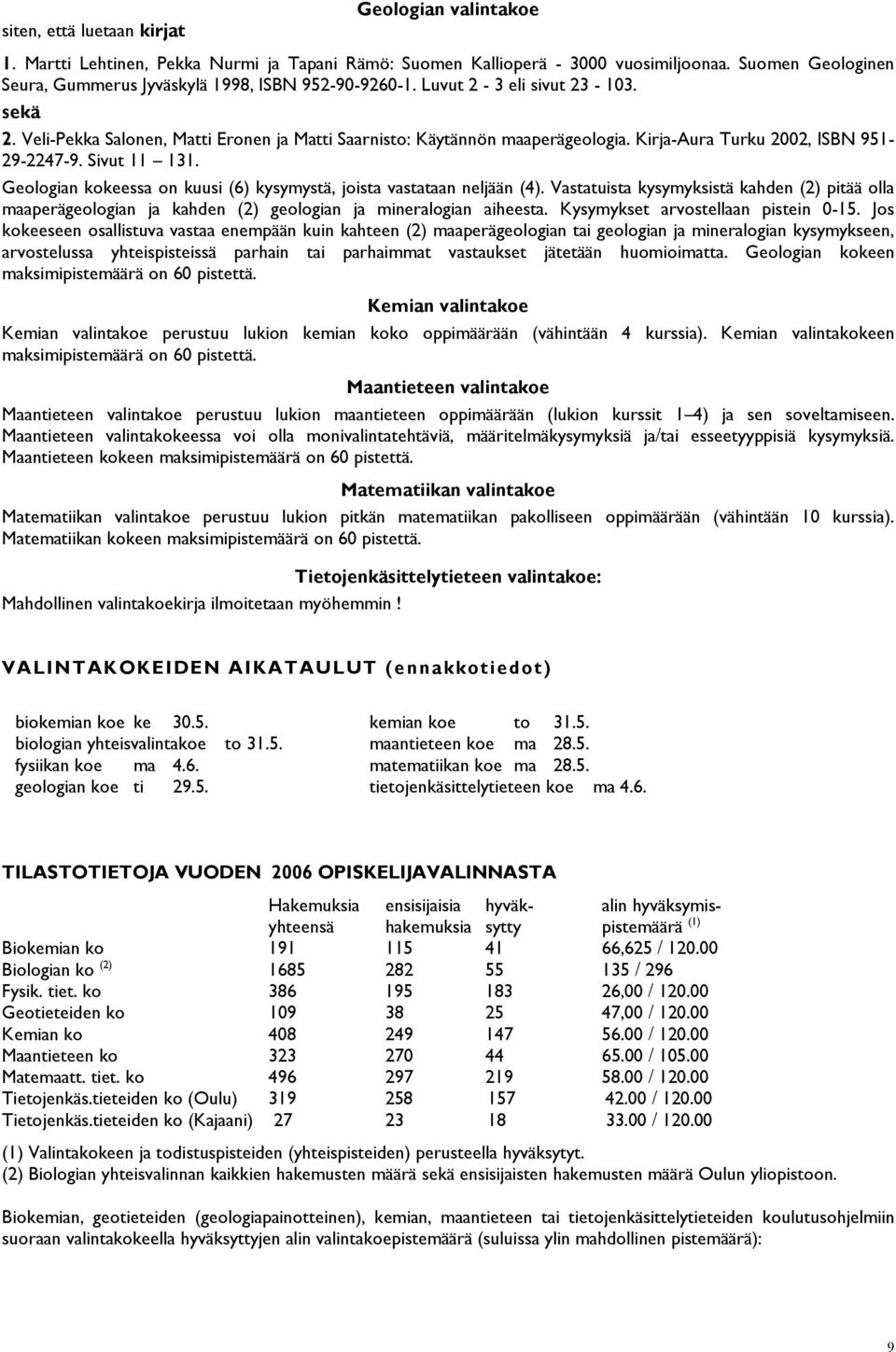 Kirja-Aura Turku 2002, ISBN 951-29-2247-9. Sivut 11 131. Geologian kokeessa on kuusi (6) kysymystä, joista vastataan neljään (4).