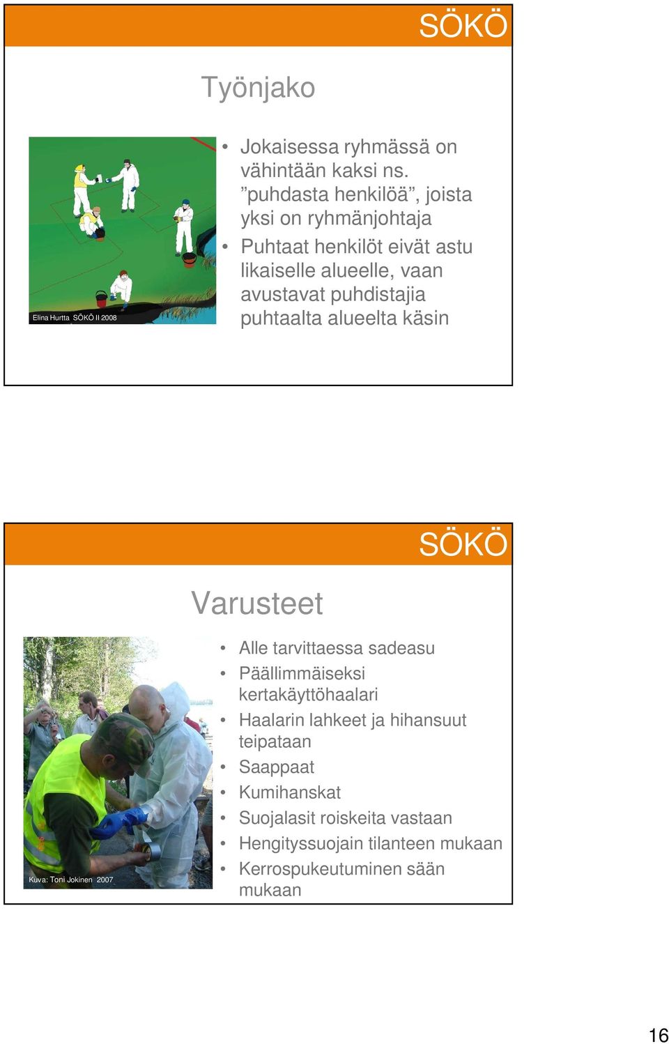 puhdistajia puhtaalta alueelta käsin Varusteet Kuva: Toni Jokinen 2007 Alle tarvittaessa sadeasu Päällimmäiseksi