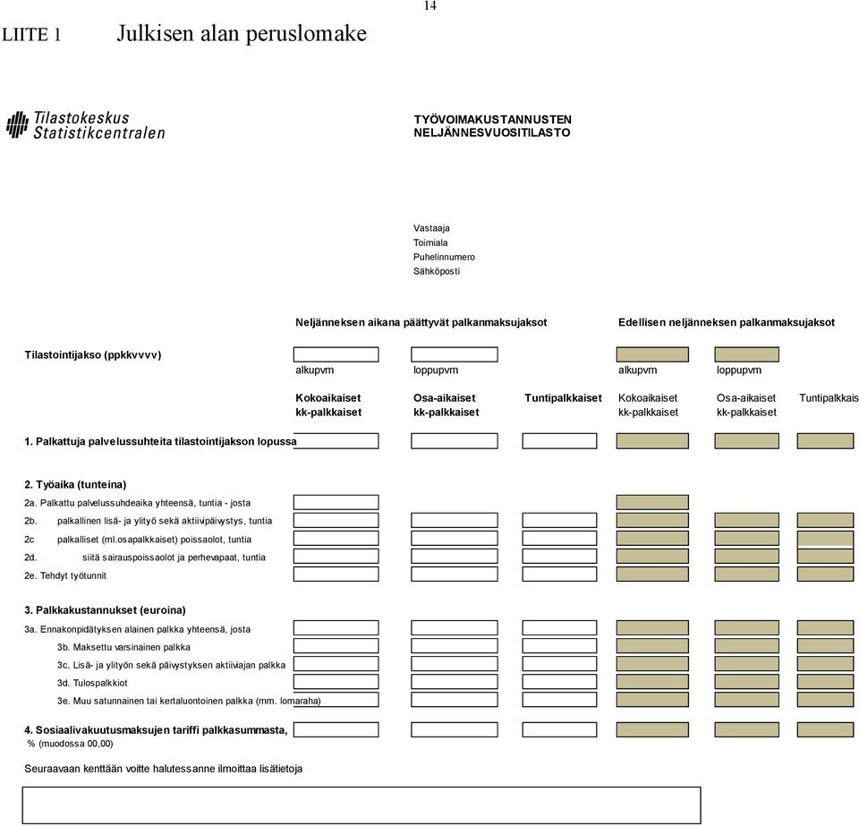 kk-palkkaiset kk-palkkaiset 1. Palkattuja palvelussuhteita tilastointijakson lopussa 2. Työaika (tunteina) 2a. Palkattu palvelussuhdeaika yhteensä, tuntia - josta 2b.