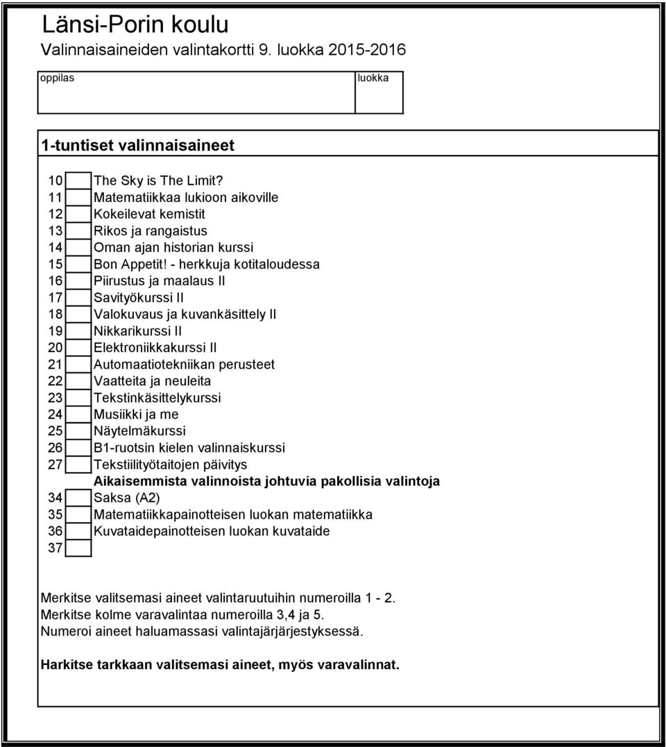 - herkkuja kotitaloudessa 16 Piirustus ja maalaus II 17 Savityökurssi II 18 Valokuvaus ja kuvankäsittely II 19 Nikkarikurssi II 20 Elektroniikkakurssi II 21 Automaatiotekniikan perusteet 22 Vaatteita