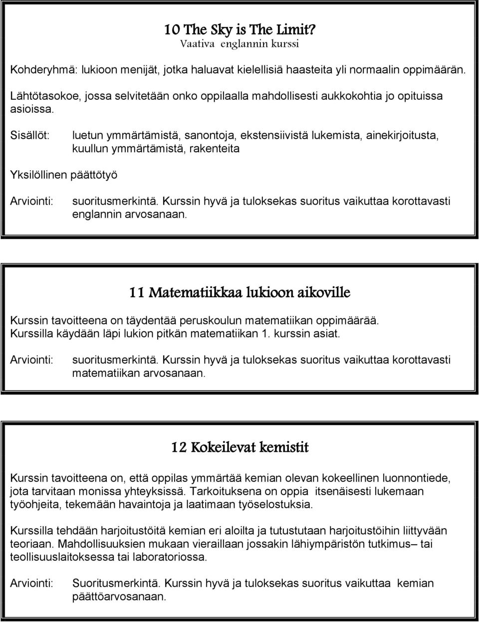 Sisällöt: luetun ymmärtämistä, sanontoja, ekstensiivistä lukemista, ainekirjoitusta, kuullun ymmärtämistä, rakenteita Yksilöllinen päättötyö englannin arvosanaan.