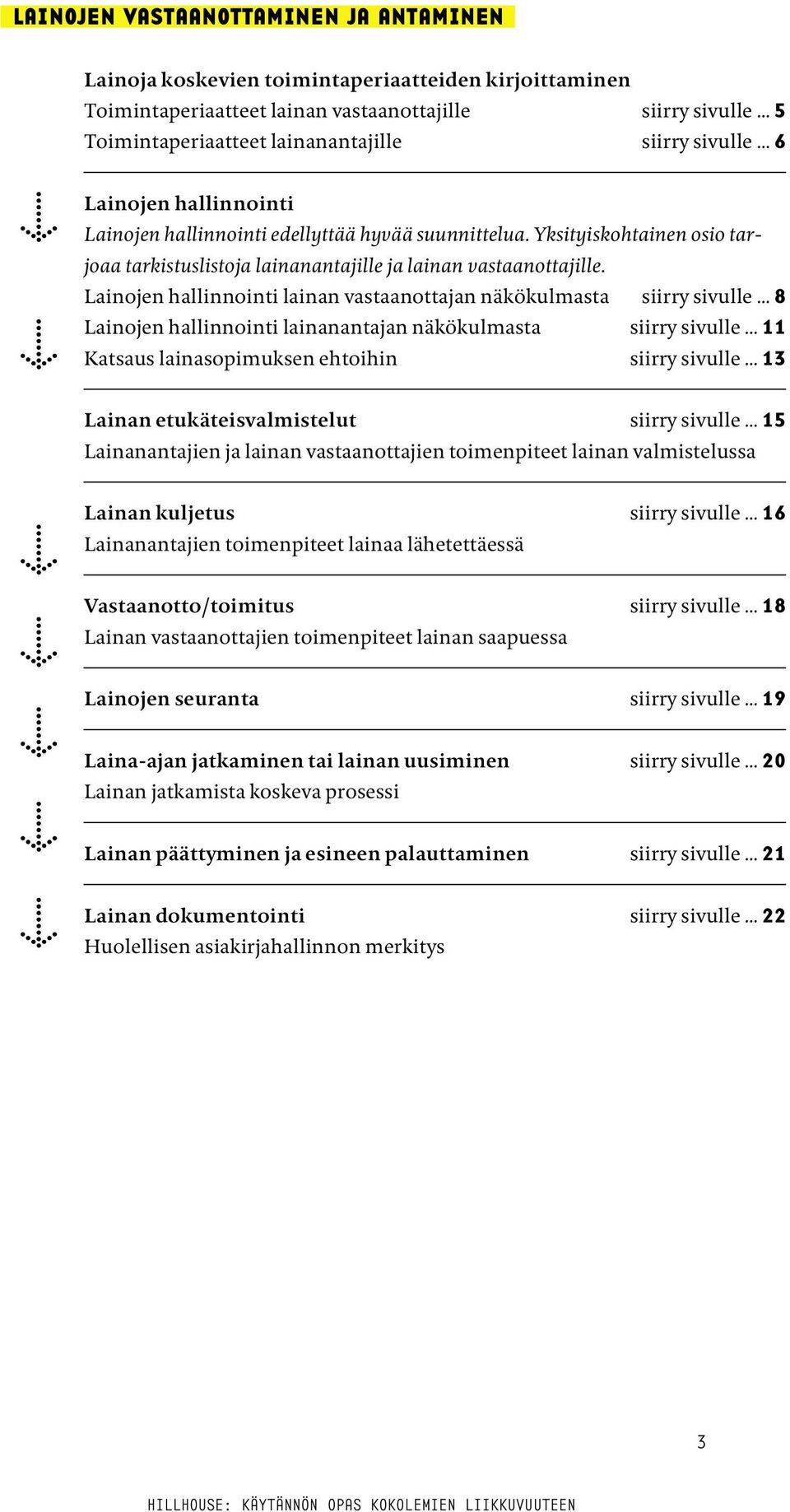 Lainojen hallinnointi lainan vastaanottajan näkökulmasta siirry sivulle 8 Lainojen hallinnointi lainanantajan näkökulmasta siirry sivulle 11 Katsaus lainasopimuksen ehtoihin siirry sivulle 13 Lainan