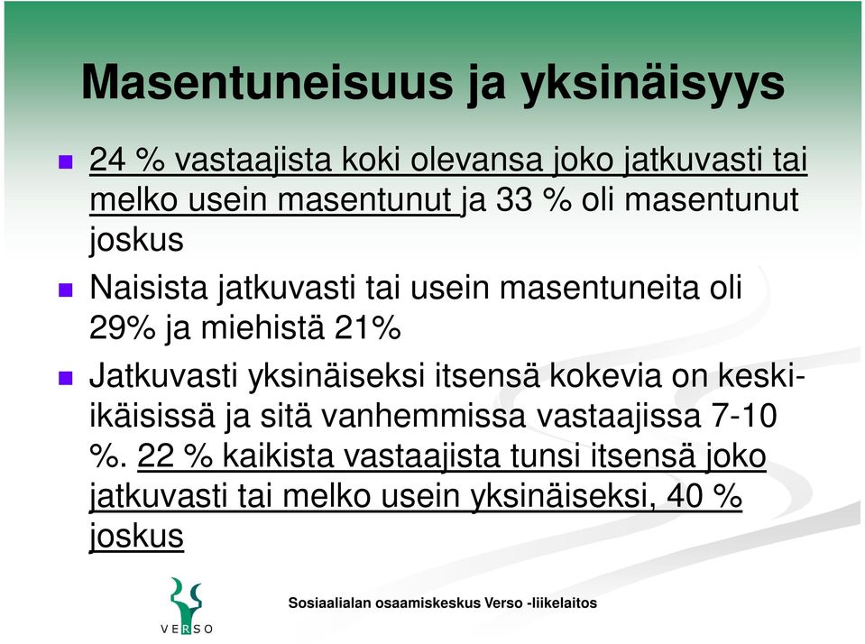 miehistä 21% Jatkuvasti yksinäiseksi itsensä kokevia on keskiikäisissä ja sitä vanhemmissa