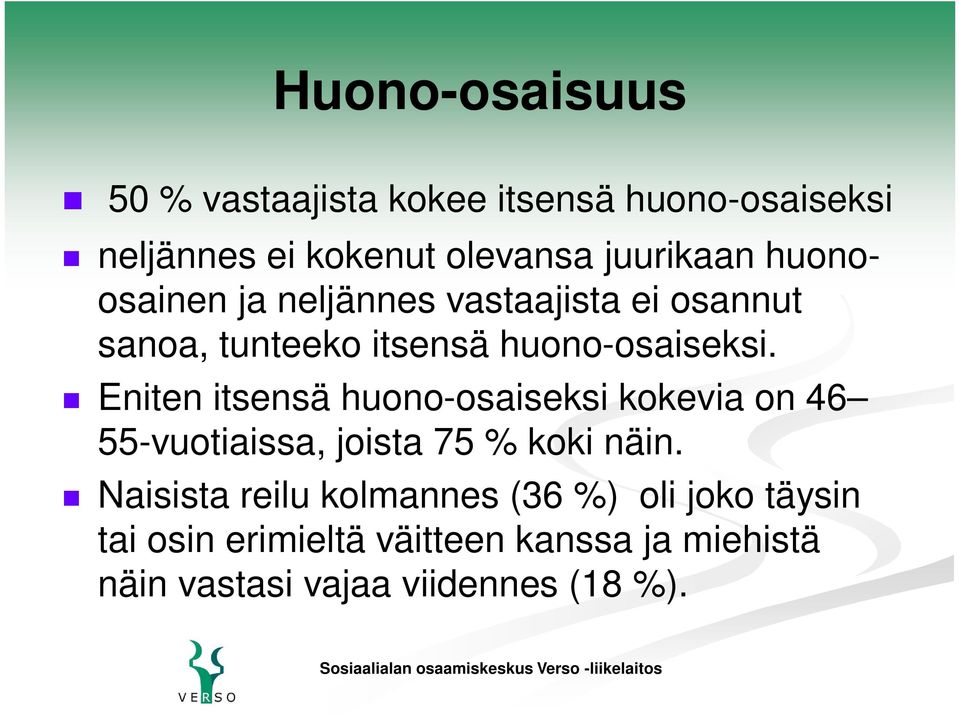 Eniten itsensä huono-osaiseksi kokevia on 46 55-vuotiaissa, joista 75 % koki näin.