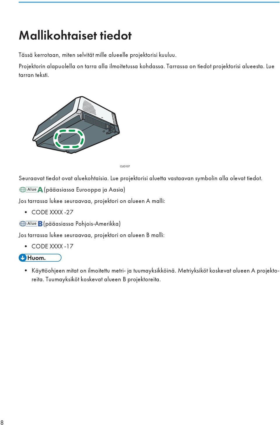 (pääasiassa Eurooppa ja Aasia) Jos tarrassa lukee seuraavaa, projektori on alueen A malli: CODE XXXX -27 (pääasiassa Pohjois-Amerikka) Jos tarrassa lukee seuraavaa,