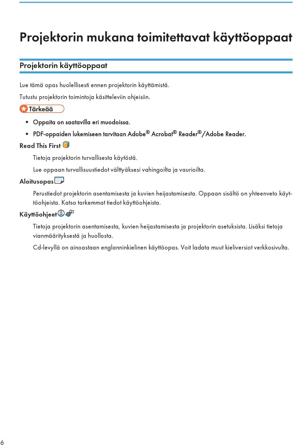 Lue oppaan turvallisuustiedot välttyäksesi vahingoilta ja vaurioilta. Aloitusopas Perustiedot projektorin asentamisesta ja kuvien heijastamisesta. Oppaan sisältö on yhteenveto käyttöohjeista.