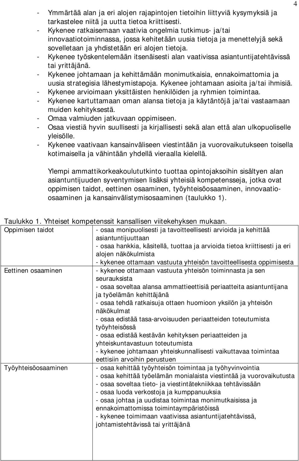 - Kykenee työskentelemään itsenäisesti alan vaativissa asiantuntijatehtävissä tai yrittäjänä. - Kykenee johtamaan ja kehittämään monimutkaisia, ennakoimattomia ja uusia strategisia lähestymistapoja.