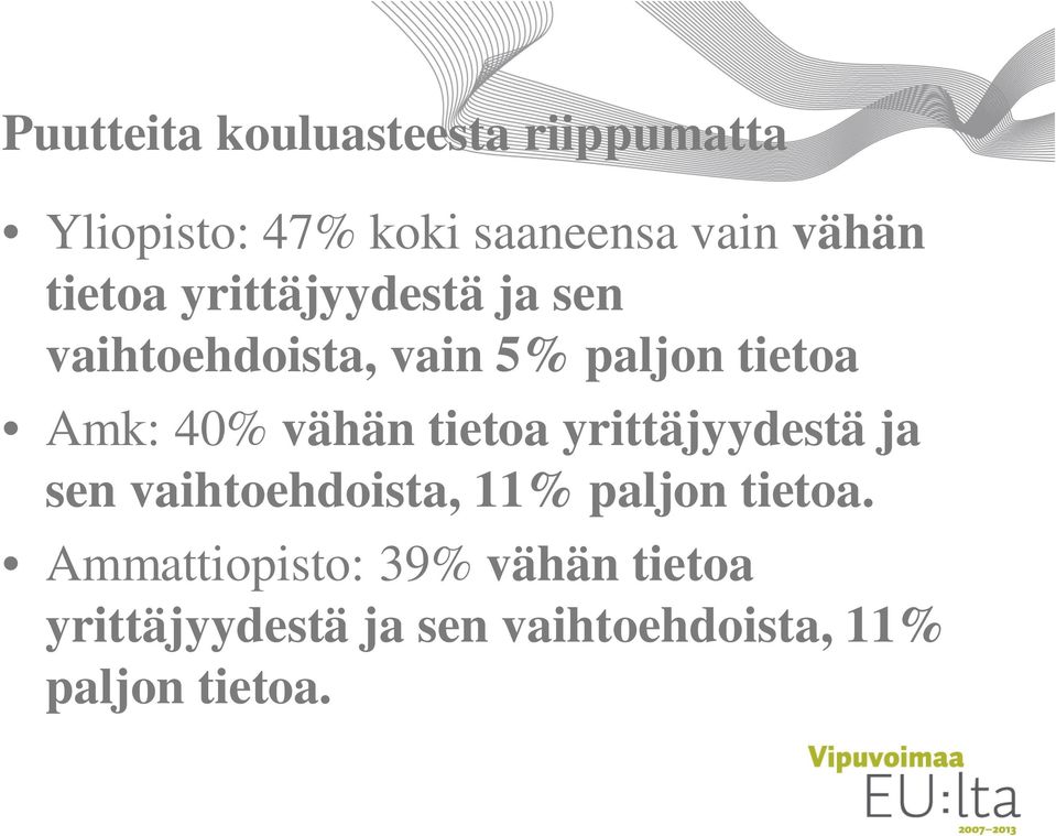 vähän tietoa yrittäjyydestä ja sen vaihtoehdoista, 11% paljon tietoa.