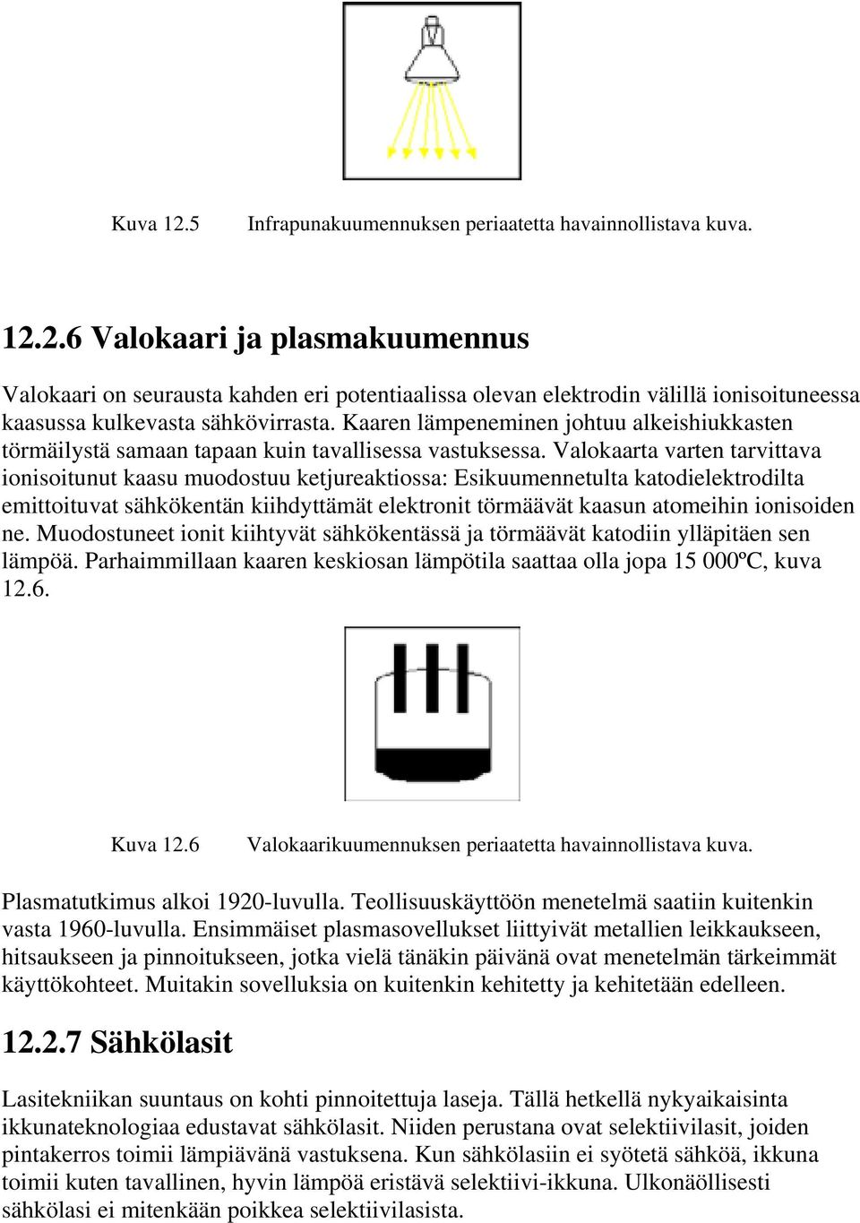 Valokaarta varten tarvittava ionisoitunut kaasu muodostuu ketjureaktiossa: Esikuumennetulta katodielektrodilta emittoituvat sähkökentän kiihdyttämät elektronit törmäävät kaasun atomeihin ionisoiden