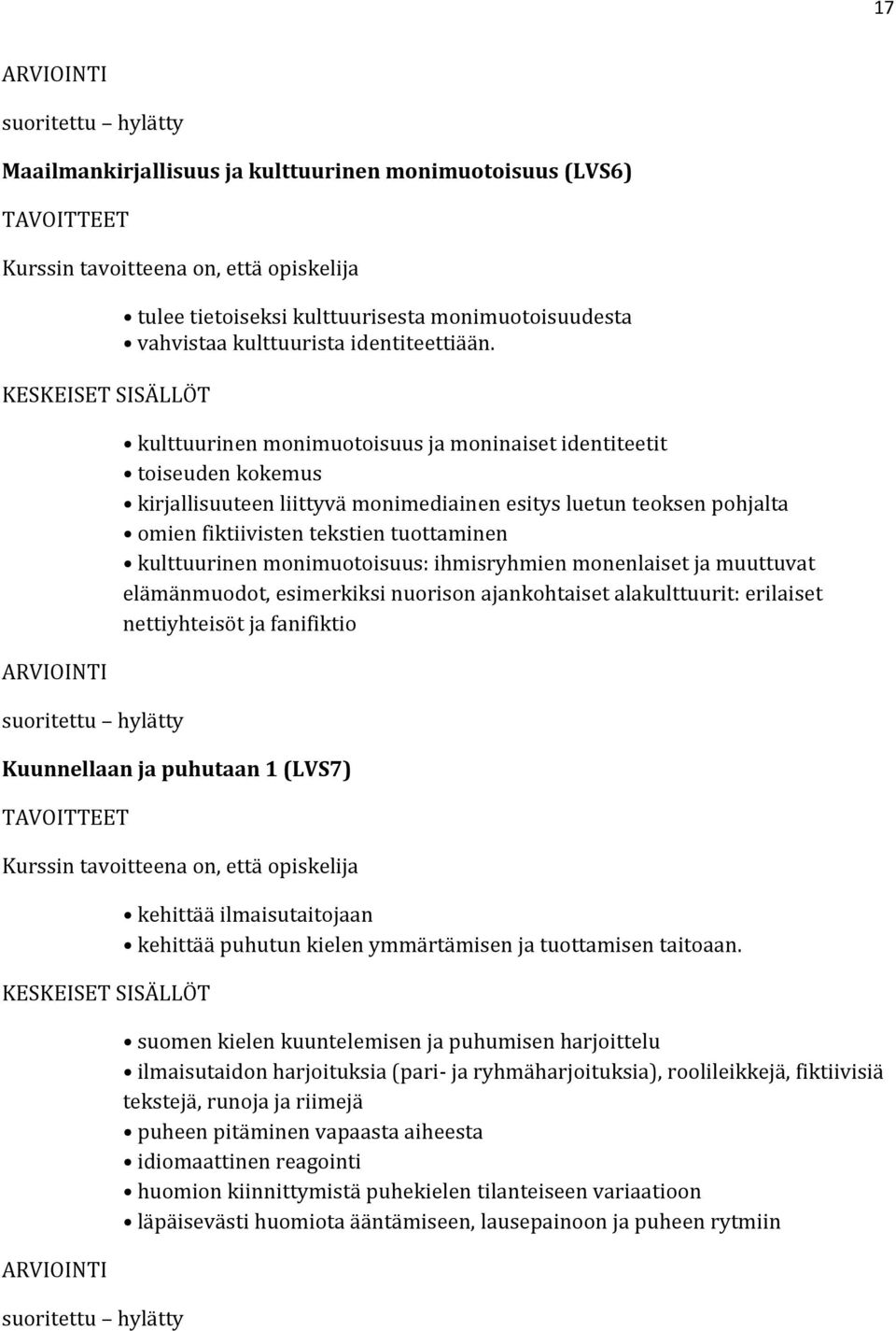 monimuotoisuus: ihmisryhmien monenlaiset ja muuttuvat elämänmuodot, esimerkiksi nuorison ajankohtaiset alakulttuurit: erilaiset nettiyhteisöt ja fanifiktio Kuunnellaan ja puhutaan 1 (LVS7) suoritettu