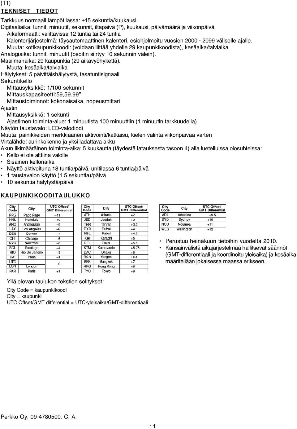 Muuta: kotikaupunkikoodi: (voidaan liittää yhdelle 29 kaupunkikoodista), kesäaika/talviaika. Analogiaika: tunnit, minuutit (osoitin siirtyy 10 sekunnin välein).