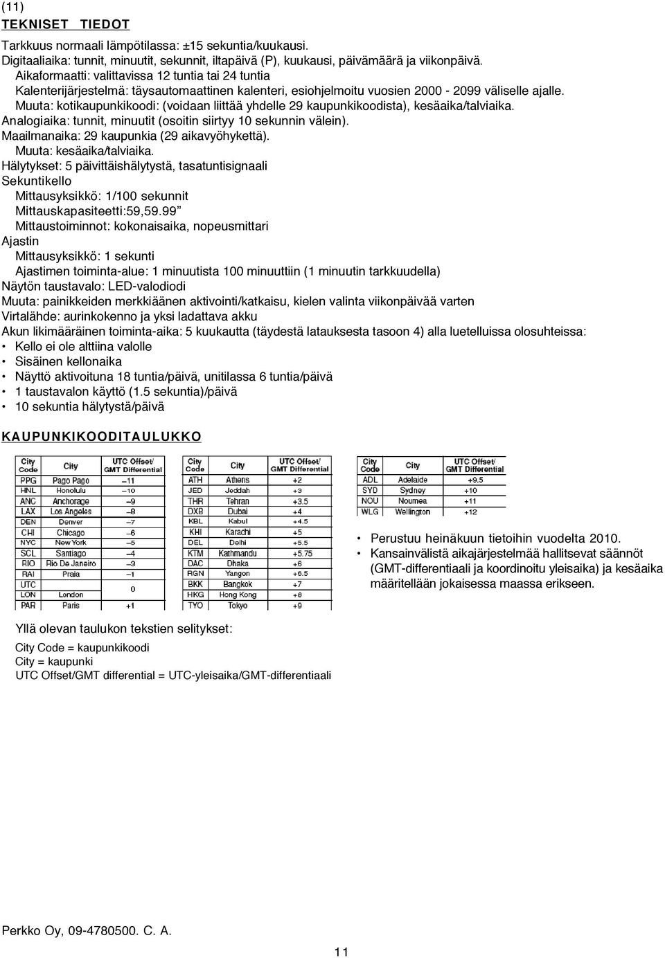 Muuta: kotikaupunkikoodi: (voidaan liittää yhdelle 29 kaupunkikoodista), kesäaika/talviaika. Analogiaika: tunnit, minuutit (osoitin siirtyy 10 sekunnin välein).