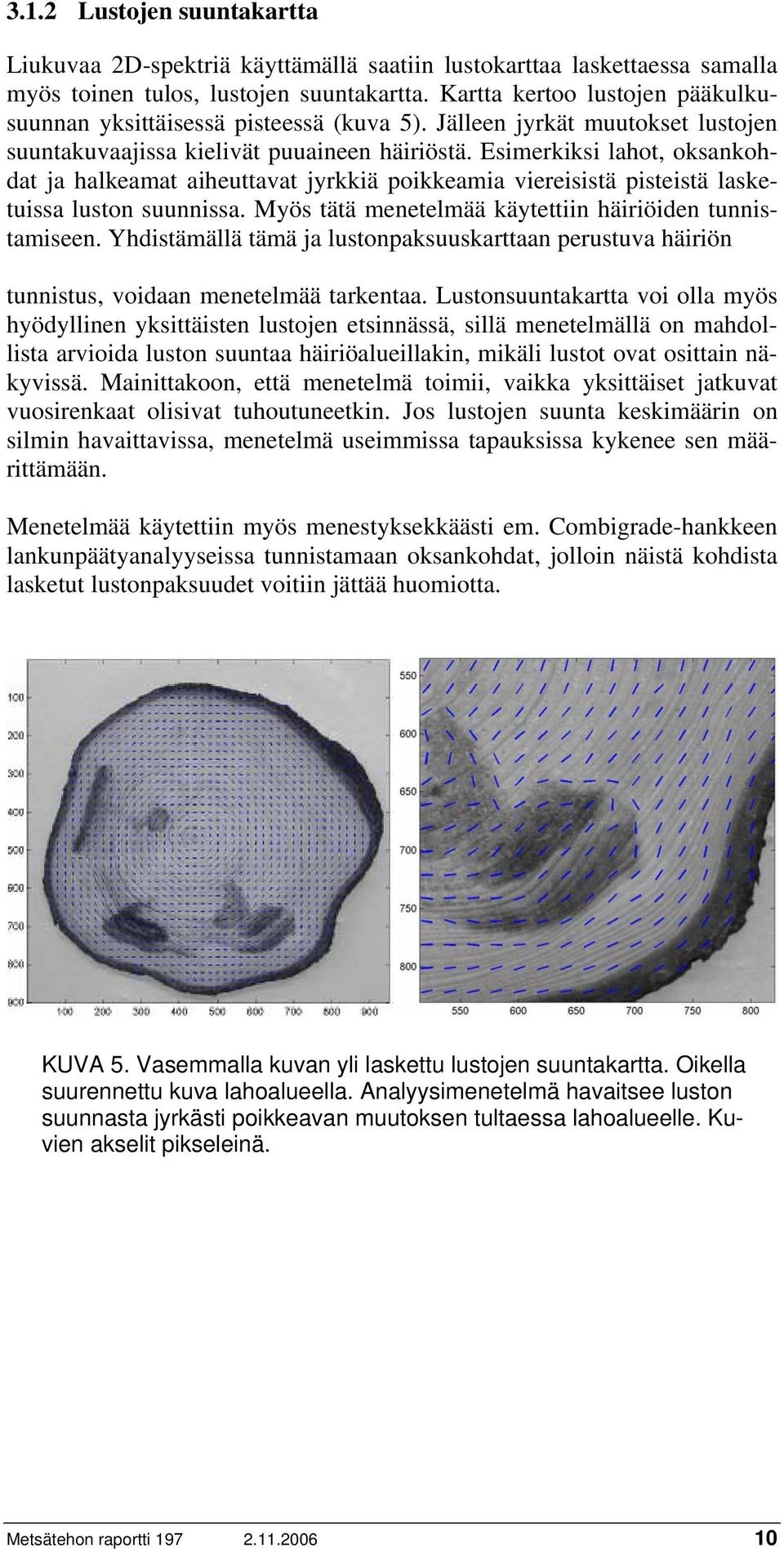 Esimerkiksi lahot, oksankohdat ja halkeamat aiheuttavat jyrkkiä poikkeamia viereisistä pisteistä lasketuissa luston suunnissa. Myös tätä menetelmää käytettiin häiriöiden tunnistamiseen.