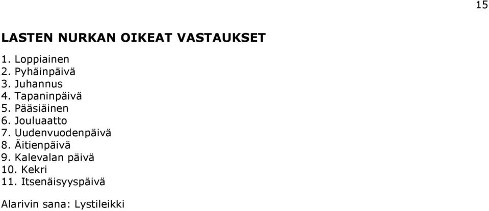 Jouluaatto 7. Uudenvuodenpäivä 8. Äitienpäivä 9.