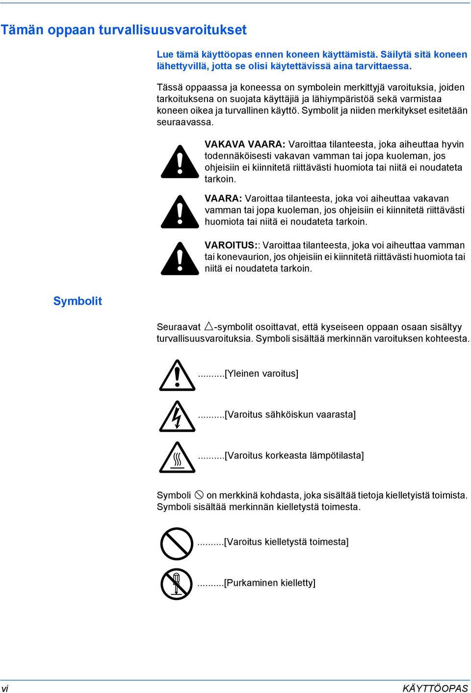 Symbolit ja niiden merkitykset esitetään seuraavassa.