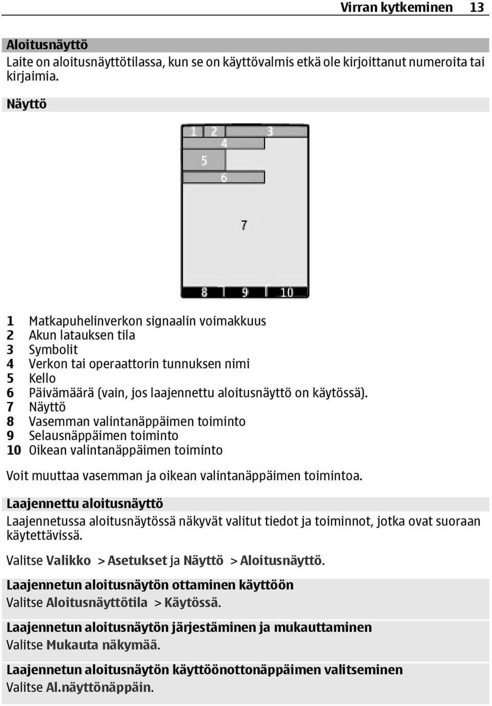 7 Näyttö 8 Vasemman valintanäppäimen toiminto 9 Selausnäppäimen toiminto 10 Oikean valintanäppäimen toiminto Voit muuttaa vasemman ja oikean valintanäppäimen toimintoa.